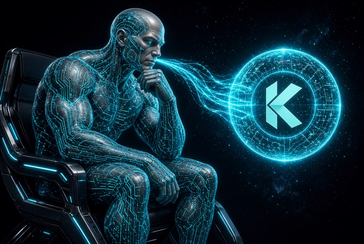 Cybernetic thinker contemplating a glowing Kaspa symbol