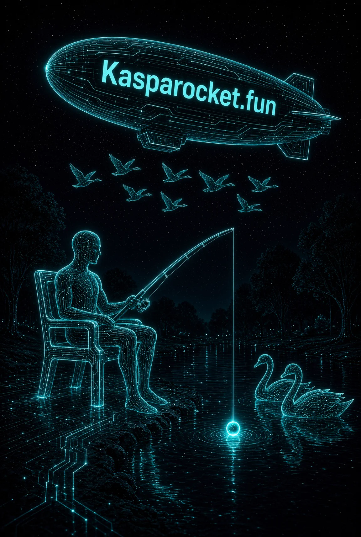 A teal circuit figure fishing beneath a KaspaRocket airship